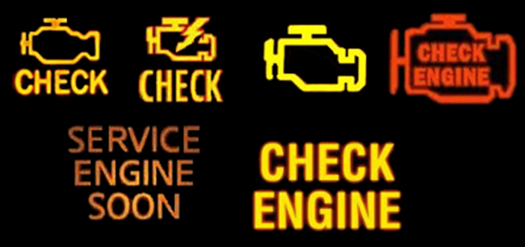 Icônes lumineuses de voyant 'Check Engine' en orange sur un tableau de bord.