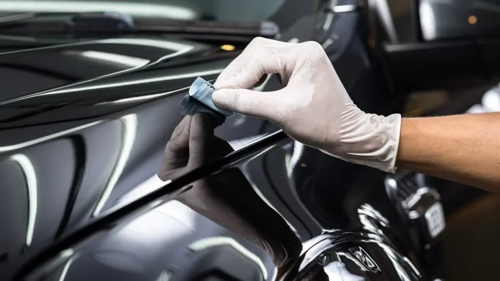 Un technicien en gants applique méticuleusement un revêtement nano-céramique sur la carrosserie noire brillante d'une voiture.