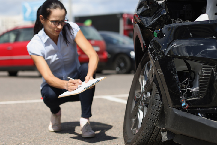 Estimateur en dommages automobiles en train d’évaluer un véhicule endommagé.